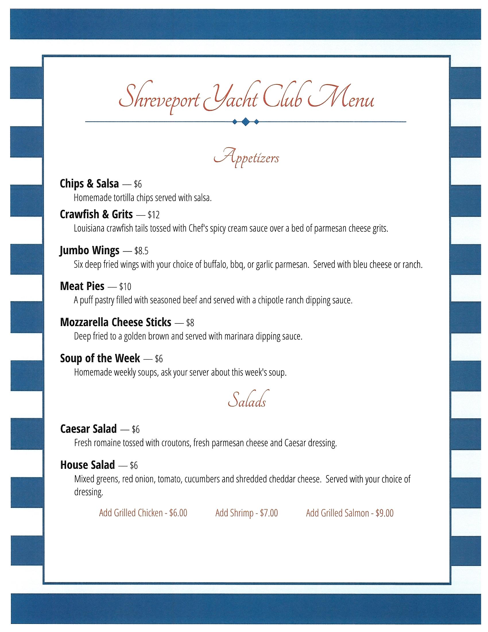 shorncliffe yacht club menu